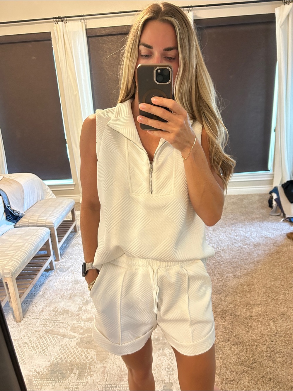 White Textured Sleeveless Zip Pullover & Drawstring Shorts Set
